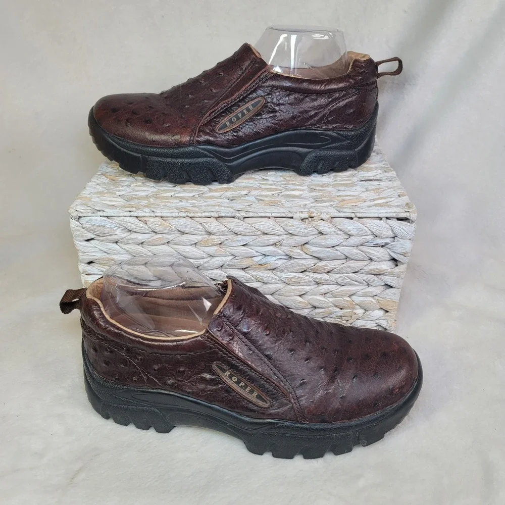Roper Ostrich Leather Slip On Shoes‎ Brown Comfort Size 9 Earthy Business Casual